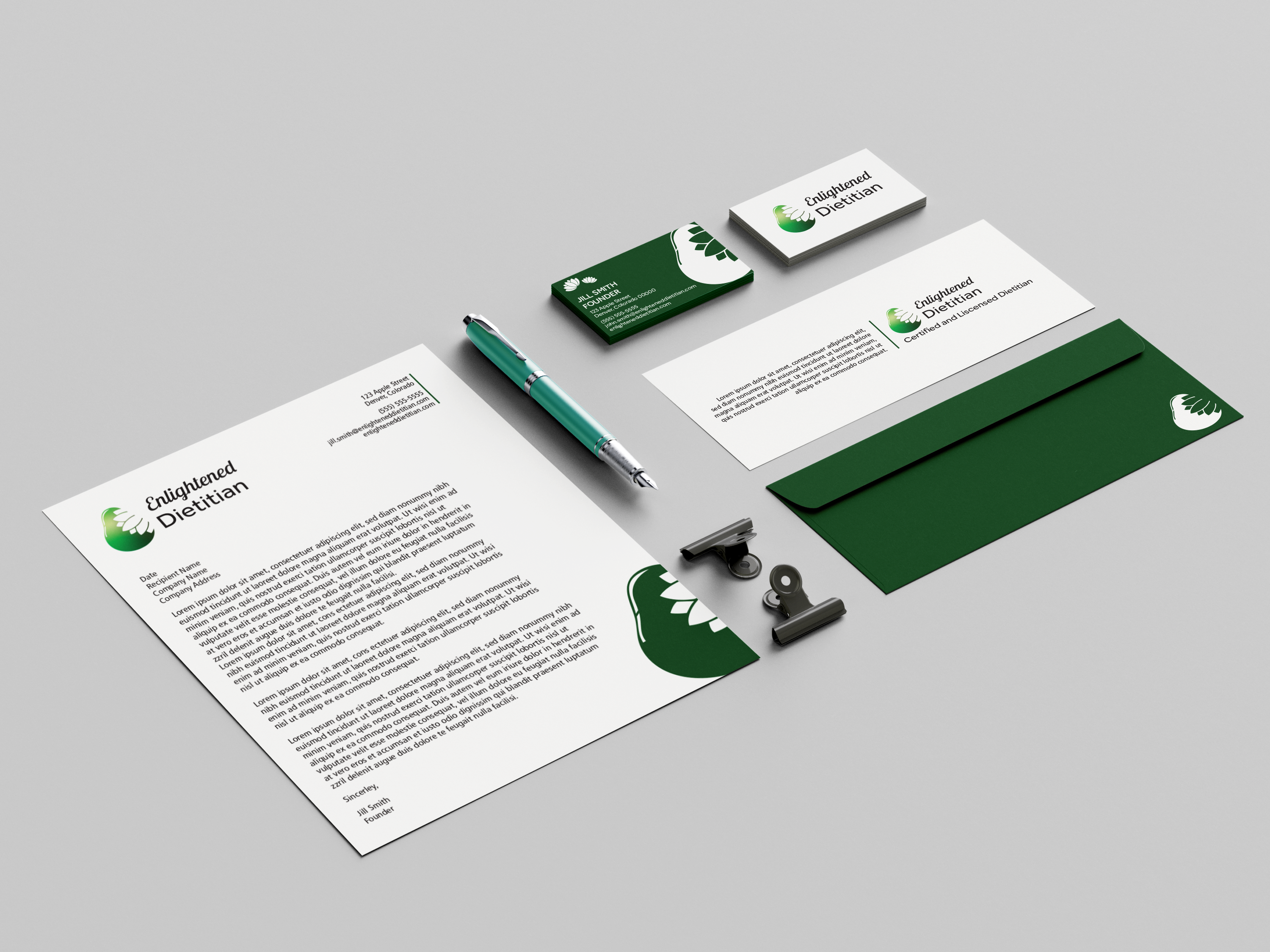 Enlightened Dietitian brand identity mockup showing logo, stationery, and color palette
